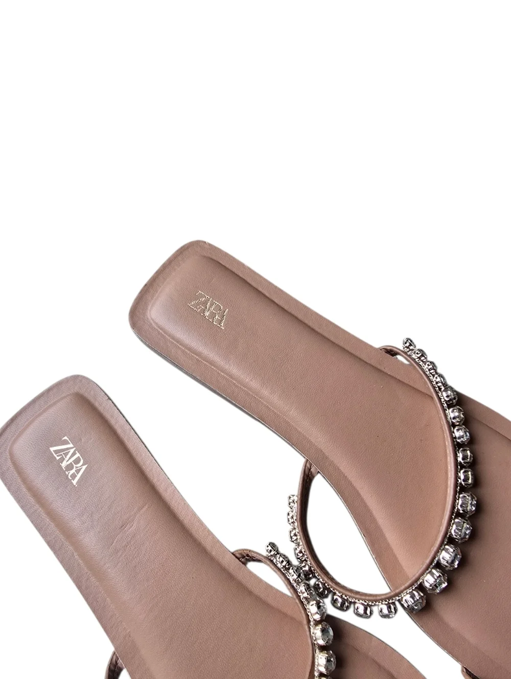 NEW Zara Tan Flat Slide Sandals With Rhinestones - Picture 6 of 8